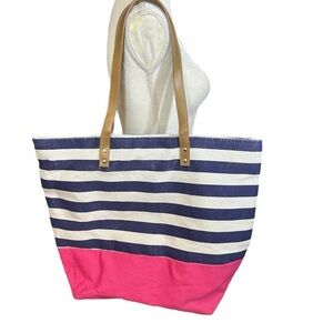 🌸Blue/White/Pink Striped Canvas Tote Bag
